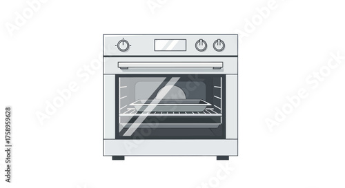 Modern White Oven with Glass Door and Control Knobs.