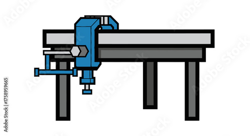 Blue metal vise securely clamped to a gray workbench.