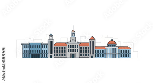 Grand classical public building illustration with dome towers and multiple windows.