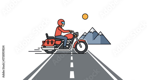 Motorcycle Rider on Open Road with Mountains and Sun.