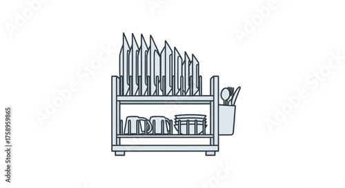 Kitchen Dish Drying Rack with Utensil Holder and Dishes.