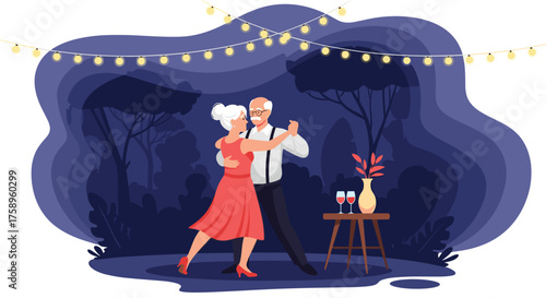 Senior couple dancing romantically under string lights, celebrating anniversary with wine in enchanting garden setting, enjoying retirement life together