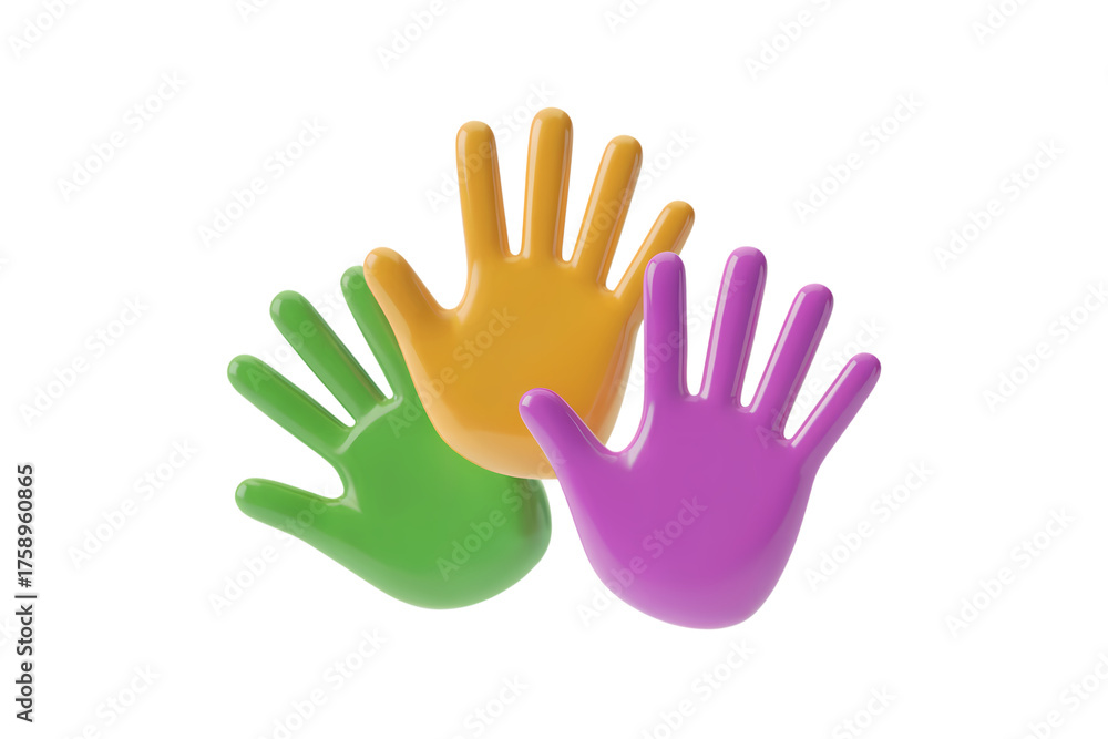Obraz premium 3d illustration icon of three colored hands in a formation of unity and togetherness . Isolated on transparent background, png