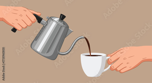 A delicious cup of freshly brewed coffee poured from a stylish silver kettle - perfect for a cozy morning ritual and a caffeine boost to start the day