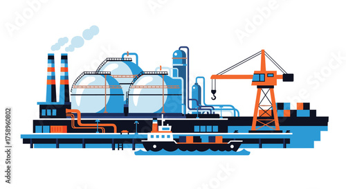 Dynamic vector art of a modern industrial port with vibrant colors and a cargo ship, perfect for showcasing global trade and logistical efficiency in a stylized way