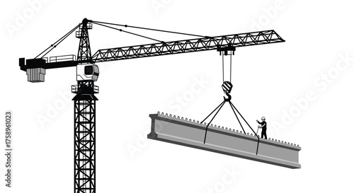 Dynamic crane lifting concrete beam with construction worker in monochrome, perfect for architectural designs and infrastructure projects needing a lift