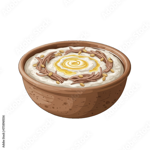 A bowl of delicious tahini food, presented in a rustic earthenware bowl, drizzled with oil and garnished with seeds for a flavorful experience