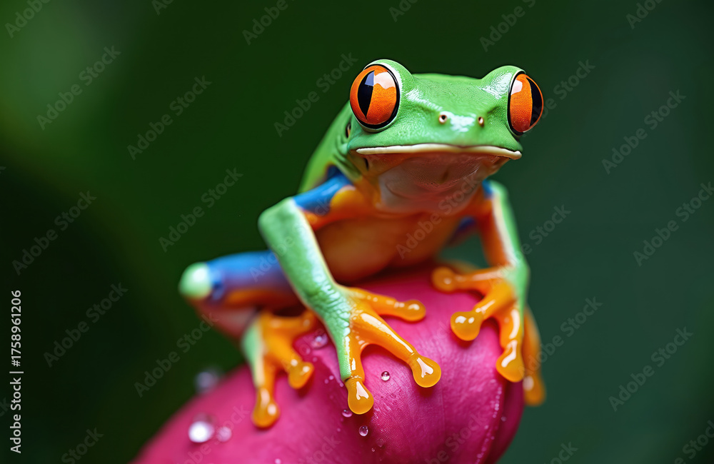 Obraz premium Green tree frog with orange eyes sits on pink flower petal. Small amphibian has blue and orange sides. It rests in its natural habitat. This creature waits in jungle.