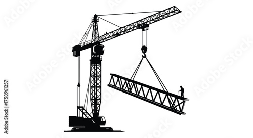 Dynamic silhouette of construction crane lifting I-beam with worker for modern infrastructure projects, showcasing engineering and industrial progress
