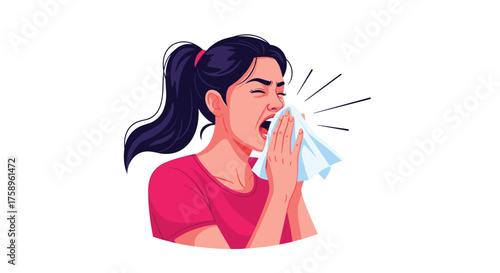 Catching a cold is the worst - a young woman sneezes into a tissue, battling seasonal allergies with a determined spirit, seeking relief from her sickness
