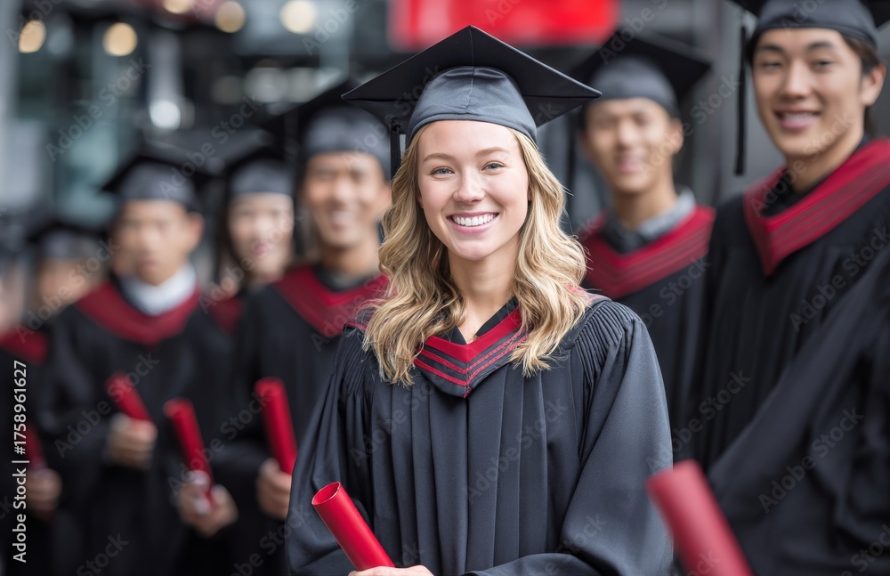 Obraz premium Young Woman Smiles During Graduation Ceremony at University Auditorium Filled With Students