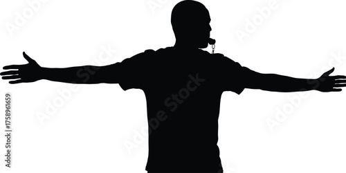 Referee signaling silhouette cartoon illustration, symbolic instruction and expressive gesture artwork for lifestyle and sports storytelling design