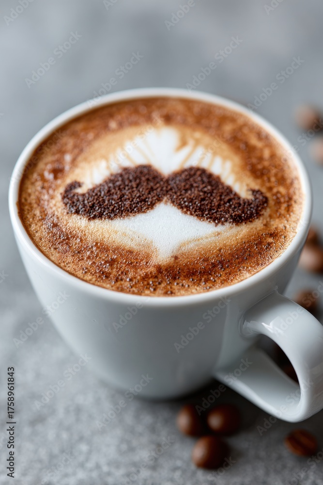 Fototapeta premium Coffee with a decorative mustache design served in a white cup on a gray surface with coffee beans nearby