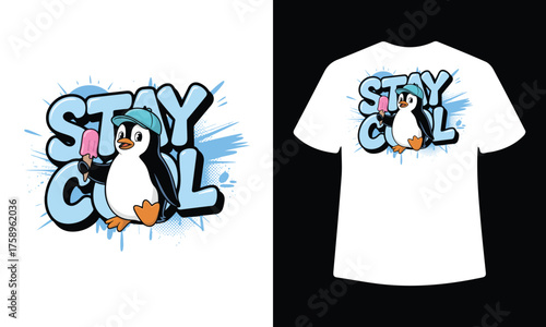 Cute penguin wearing a hat and holding an ice cream with stay cool text