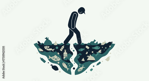 Sad figure walks across water polluted with plastic and trash, raising awareness of environmental damage and the urgent need for solutions for our planet