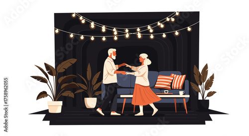 Joyful senior couple dancing romantically together at home under string lights, celebrating love and connection in a cozy, modern living room setting
