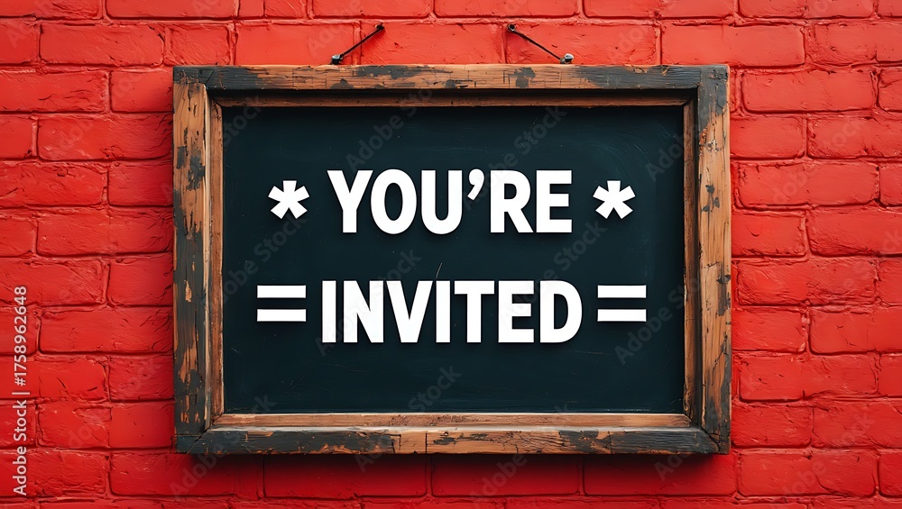 Obraz premium You are invited announcement on a chalkboard hanging on brick wall