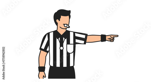 Cartoon Referee Pointing Right Wearing Striped Uniform.