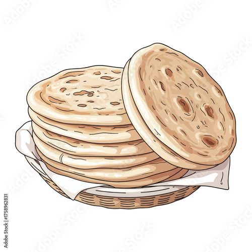 Stack of delicious naans on a white napkin, beautifully presented in a woven basket for an appetizing meal