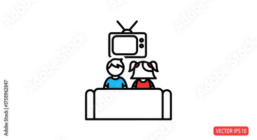 Cartoon Illustration of Children Watching Television Together.