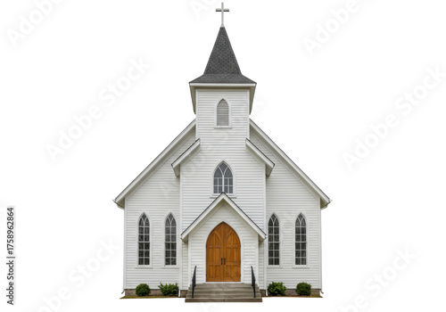 Classic white church building isolated on transparent background, traditional architecture with steeple and cross for religious themes