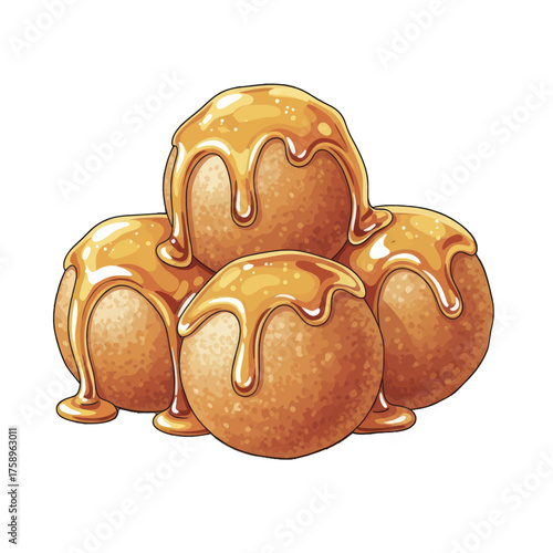 Delicious golden fried dough balls drizzled with sweet honey syrup, isolated on white