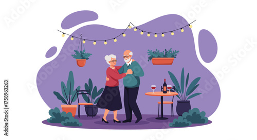 Charming senior couple dancing romantically under string lights in their garden enjoying wine, celebrating love and companionship in their golden years