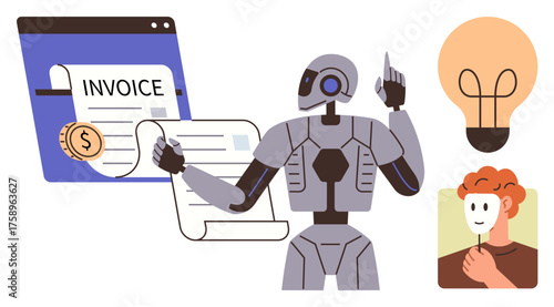 Robot interacting with invoice, currency, light bulb as idea representation, human wearing a mask. Ideal for automation, innovation, AI, identity, finance technology business simple flat metaphor