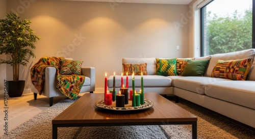 Kwanzaa candles lit in cozy modern living room with African decor