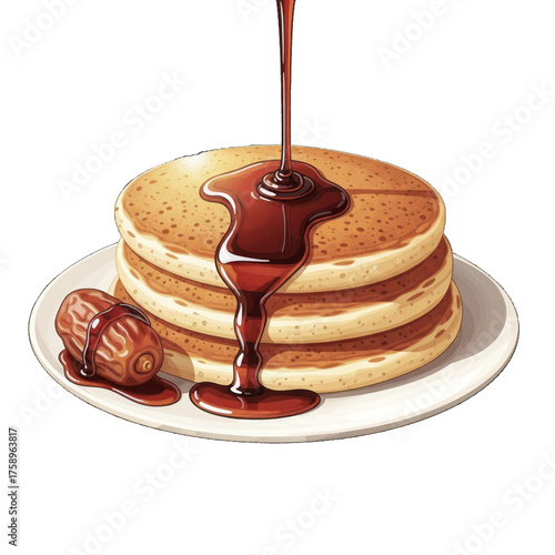 A delicious stack of golden brown pancakes topped with rich chocolate syrup and a single date on the side, ready to be savored
