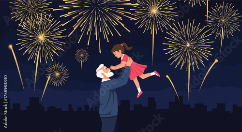 Grandfather joyfully holding his granddaughter up to watch the fireworks display over the cityscape, celebrating family fun during a special holiday event