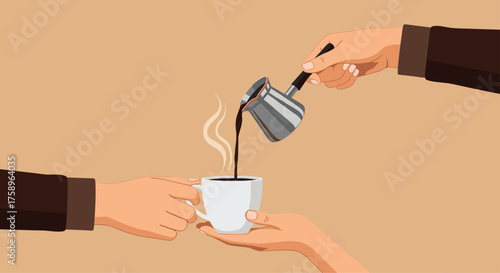 Pouring rich, dark coffee from a traditional cezve into a waiting mug, a moment of connection and warmth perfect for coffee lovers and cozy scenes