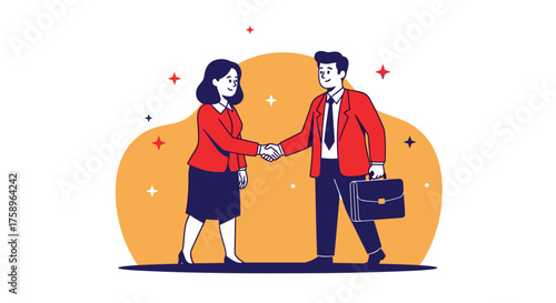 Dynamic business handshake between confident man and woman seals the deal in modern professional setting, radiating success and partnership with smiles