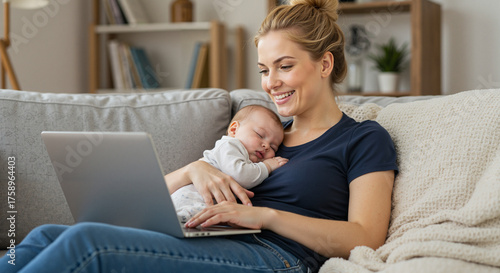 Young mother smiling while using laptop and holding baby in cozy home  