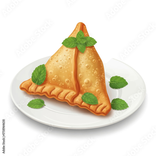 A delicious and golden brown triangular samosa filled with aromatic spices and herbs, garnished with fresh mint leaves on a white plate