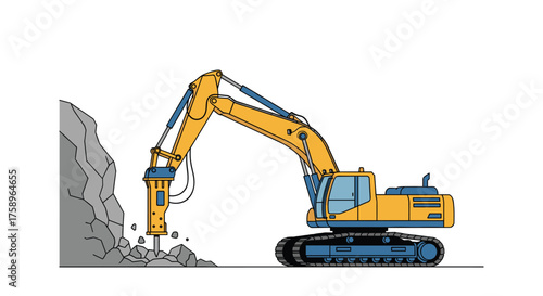 Professional construction excavator demolishing rock face with jackhammer, a dynamic scene perfect for infrastructure and demolition projects seeking powerful imagery