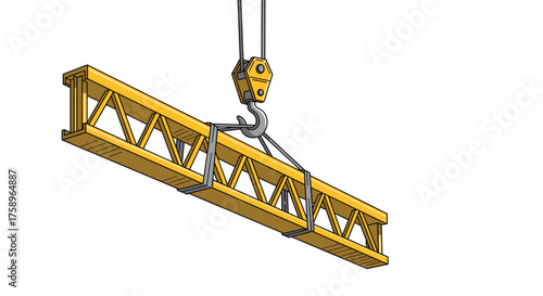 Bright yellow steel girder lifted by crane, construction concept for structural engineering, building materials, and industrial projects, safety and development