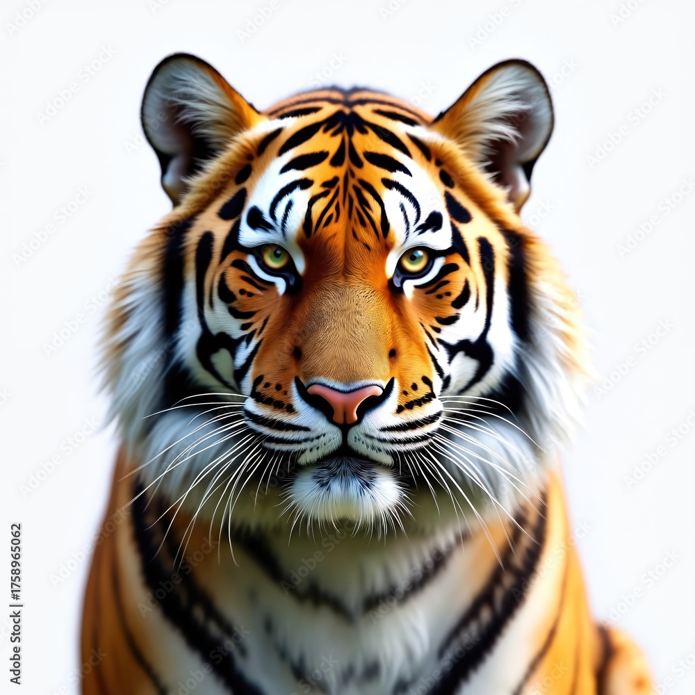 Fototapeta premium Close view of bengal tiger head on white. Wild predator has orange and black stripes. Mammal watches forward. Hunter looks dangerous animal big cat at zoo.