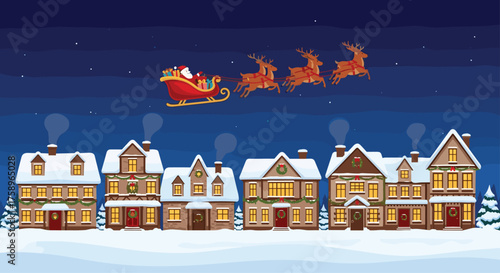 Santa's magical Christmas Eve flight over snow-covered homes, spreading joy and wonder through the starlit winter night, creating festive holiday spirit