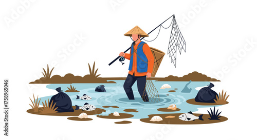 Passionate fisherman cleaning polluted river with net and rod, removing plastic waste and saving marine life, restoring nature's balance, environmental activism