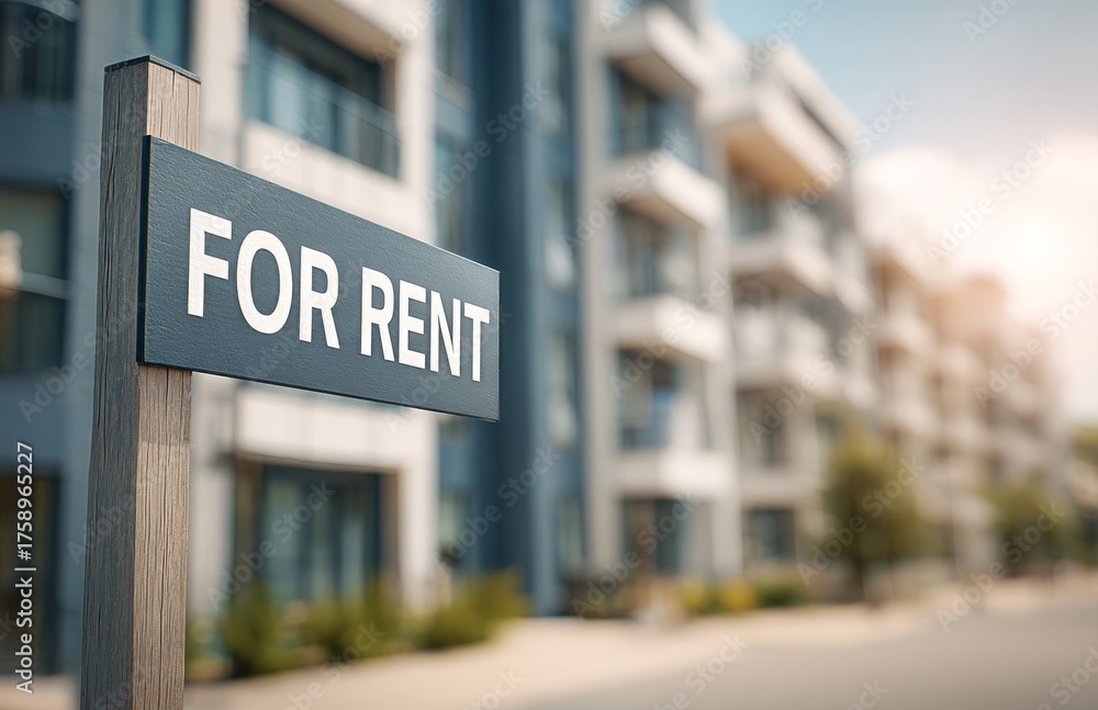 Obraz premium Modern Apartment Complex With for Rent Sign in Bright Daylight Showcases Available Living Spaces