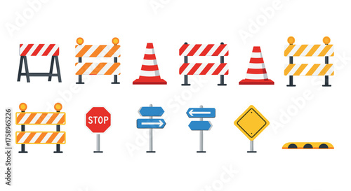 Road construction safety signs collection for street repair designs, traffic control, and urban engineering projects requiring clear communication, safety measures