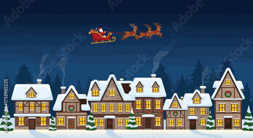 Charming winter wonderland scene featuring Santa Claus flying over a cozy village in his sleigh pulled by reindeer on a magical Christmas Eve night!