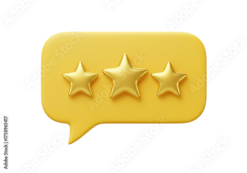 Three golden stars in yellow speech bubble isolated PNG, customer feedback and rating concept on transparent background