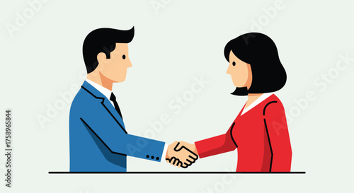 Successful business deal illustration with confident man and woman shaking hands, sealing partnership agreement, closing deal with handshake, vector graphic