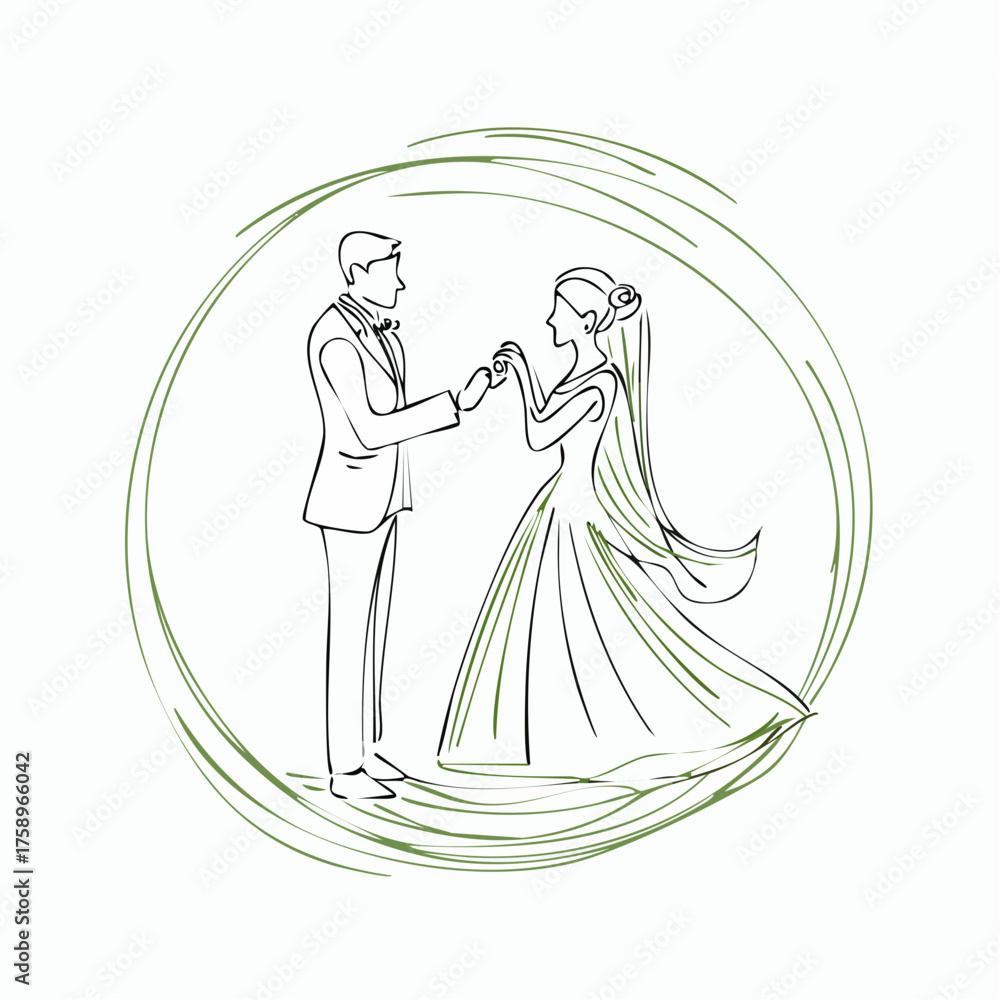 Obraz premium non-binary couple exchanging rings flowing-linear ceremony portrait