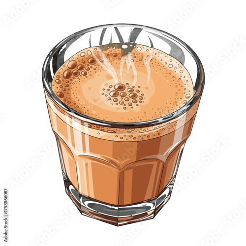 A steaming cup of chai tea in a clear glass with froth and bubbles, a warm beverage illustration