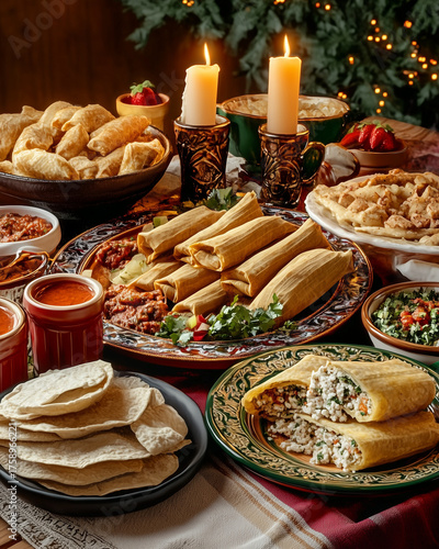 Traditional Las Posadas dinner table with tamales and festive candles