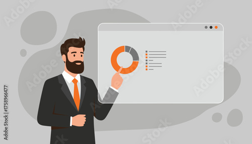 Professional bearded man presenting financial data with a modern chart showcasing growth and market analysis in a clear and engaging way for strategic decisions