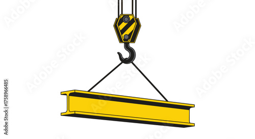 Yellow I-Beam being lifted by crane, symbolizing construction, engineering, and industrial strength, perfect for illustrating infrastructure projects and design